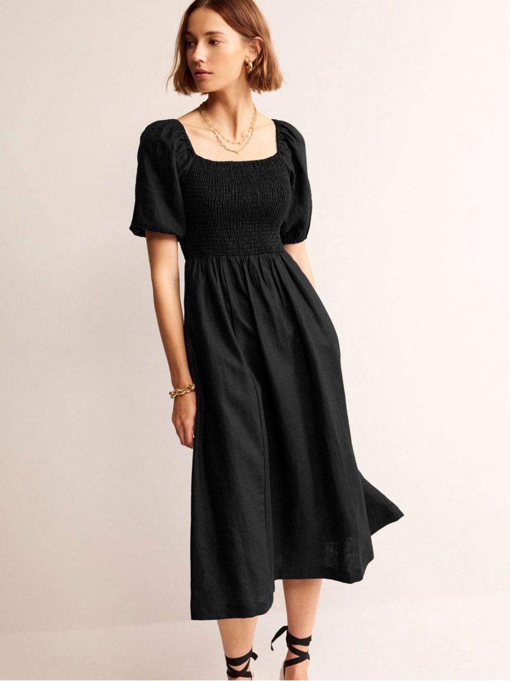 Boden Sky Smocked Linen Midi Dress Black Linen Size US 6 Petite